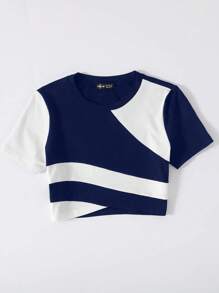 SHEIN Unity Two Tone Crop Tee Graphic Tees Women Tops - Blue - View 5