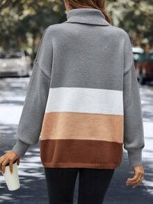 SHEIN LUNE Áo len cổ cao phối màu, vai rớt, có túi, kiểu dáng dệt kim, thích hợp cho mùa thu đông. - Nhiều màu - Xem 2
