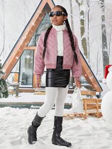 SHEIN Tween Girl Zip Up Quilted Bomber Jacket - Brown - View 5