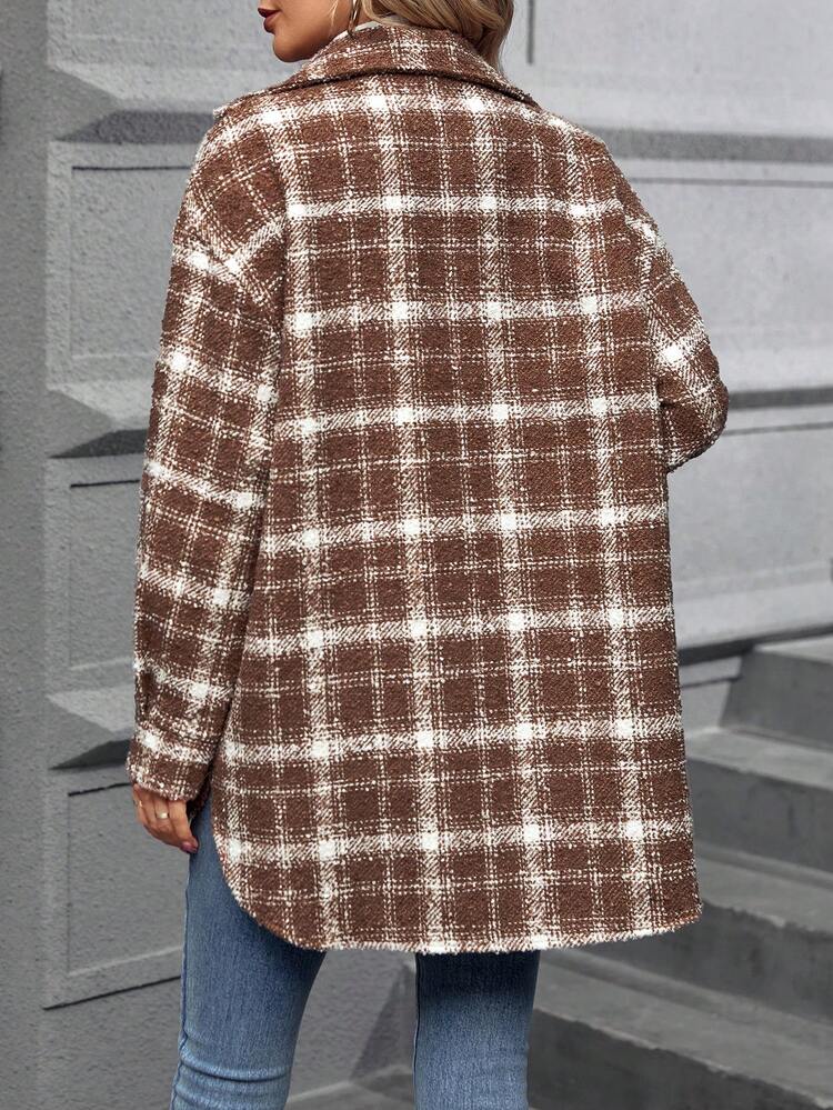Plaid Print Drop Shoulder Flap Pocket Overcoat
