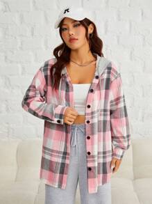 SHEIN EZwear Plaid Print Drop Shoulder Drawstring Hooded Shirt - Pink - View 1
