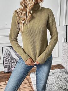 SHEIN LUNE 高领落肩不对称下摆针织套头衫秋冬毛衣 - 駝色 - 查看 6