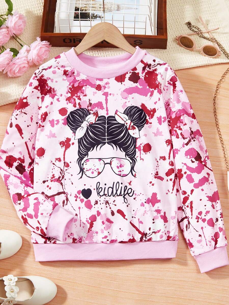 SHEIN Tween Girls Figure Graphic Tie Dye Sweatshirt - Hot Pink - View 1