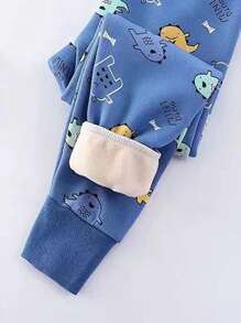 小男孩蓝色怪物卡通印花保暖内衬休闲运动裤，保暖加厚，秋冬 - 藍色 - 查看 4