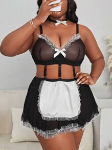 Talla grande 3 piezas Set disfraz de mucama de color combinado con lazo delantero de malla