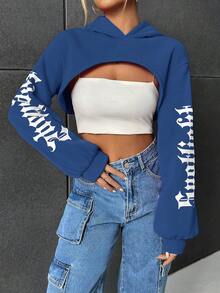 SHEIN Coolane Letter Graphic Super Crop Hoodie Without Bra - Royal Blue - View 3