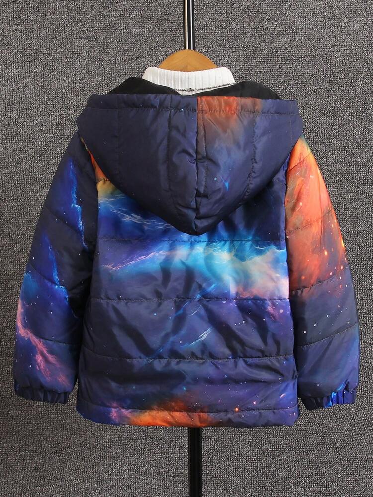 Young Boy Galaxy Print Hooded Padded Coat Without Sweater