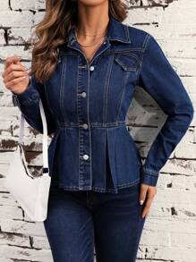 SHEIN LUNE 翻蓋細節褶皺牛仔夾克 - 深色水洗藍 - 查看 1