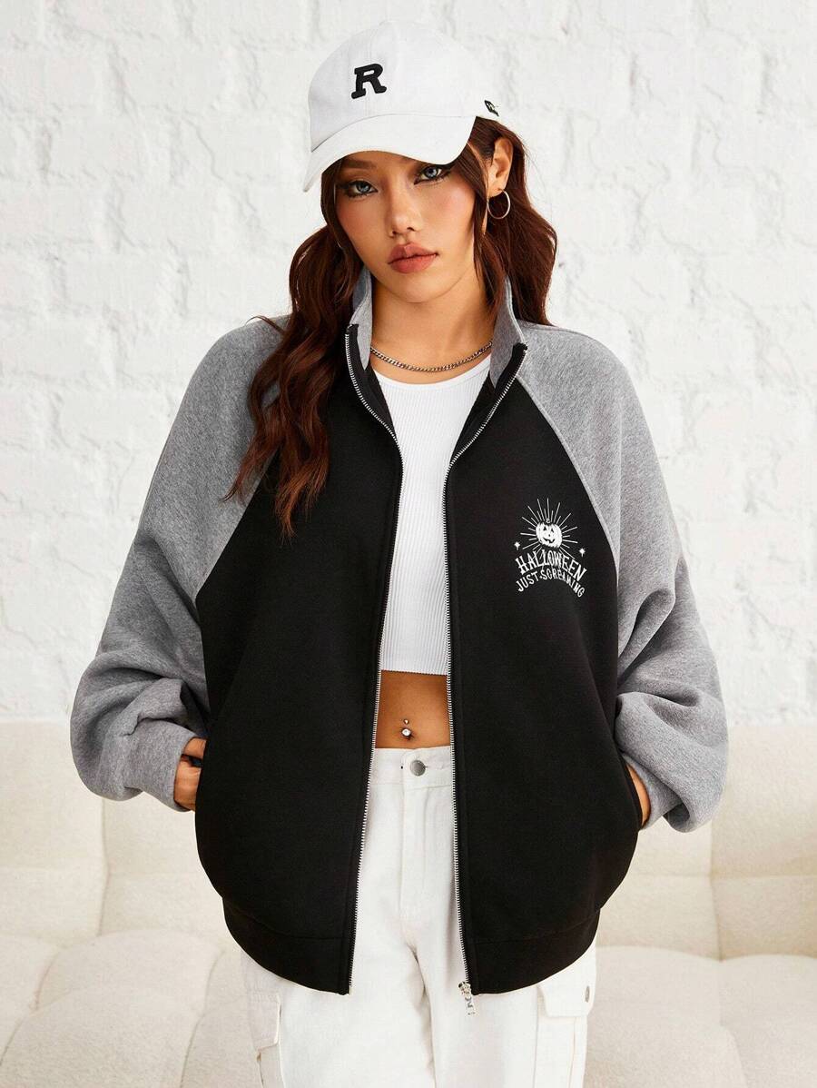 SHEIN EZwear 萬聖印花插肩袖拉鏈開襟運動衫 - 灰色 - 查看 1