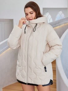 HaiLuoZi Plus Size Zip Up Hooded Quilted Padded Coat - Beige - View 4