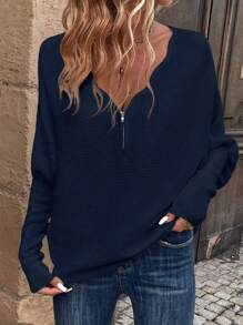 SHEIN LUNE Zip Half Placket Batwing Sleeve Sweater - Navy Blue - View 3