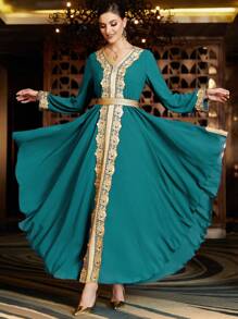Al Najma Contrast Trimmed Belted Kaftan - Teal Blue - View 1