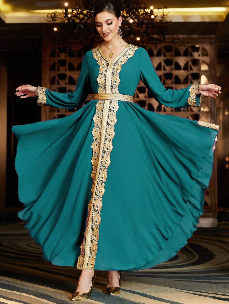Al Najma Contrast Trimmed Belted Kaftan - Teal Blue - View 1