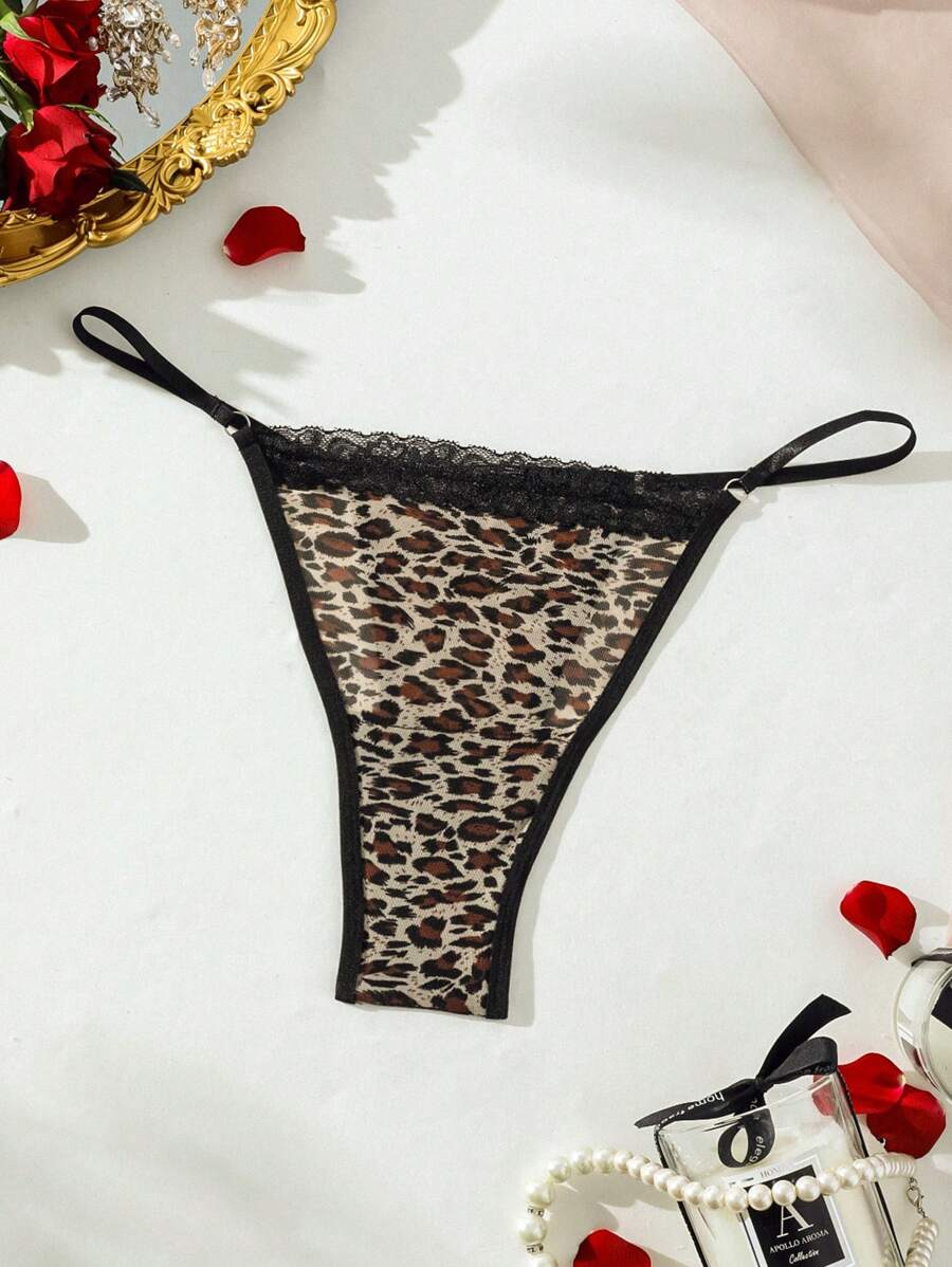 SHEIN Talla grande Tanga con estampado de leopardo con encaje en contraste - Negro - Ver 1