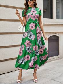 SHEIN Clasi Floral Print Belted Dress - Green - View 4