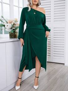 SHEIN Unity Plus Asymmetrical Neck Lantern Sleeve Wrap Hem Dress - Dark Green - View 1