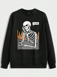 Deniart Men Skeleton & Letter Graphic Drop Shoulder Sweatshirt - Black - View 1