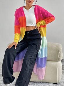 SHEIN Unity Colorblock Drop Shoulder Hooded Duster Cardigan - Multicolor - View 5