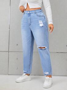 SHEIN Privé 大碼高腰破洞媽媽牛仔褲 - 藍色 - 查看 6