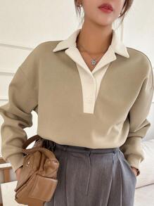 DAZY Women's Contrast Color Fleece Polo Collar Drop Shoulder Long Sleeve Casual Sweatshirt, Autumn - Khaki - View 3