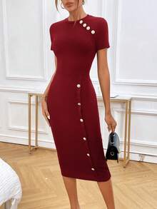 SHEIN Privé 紐扣細節緊身洋裝 - 酒紅色 - 查看 5