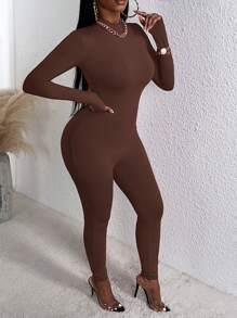 Slaydiva 素色小高領彈力緊身連體褲 - 咖啡棕 - 查看 3