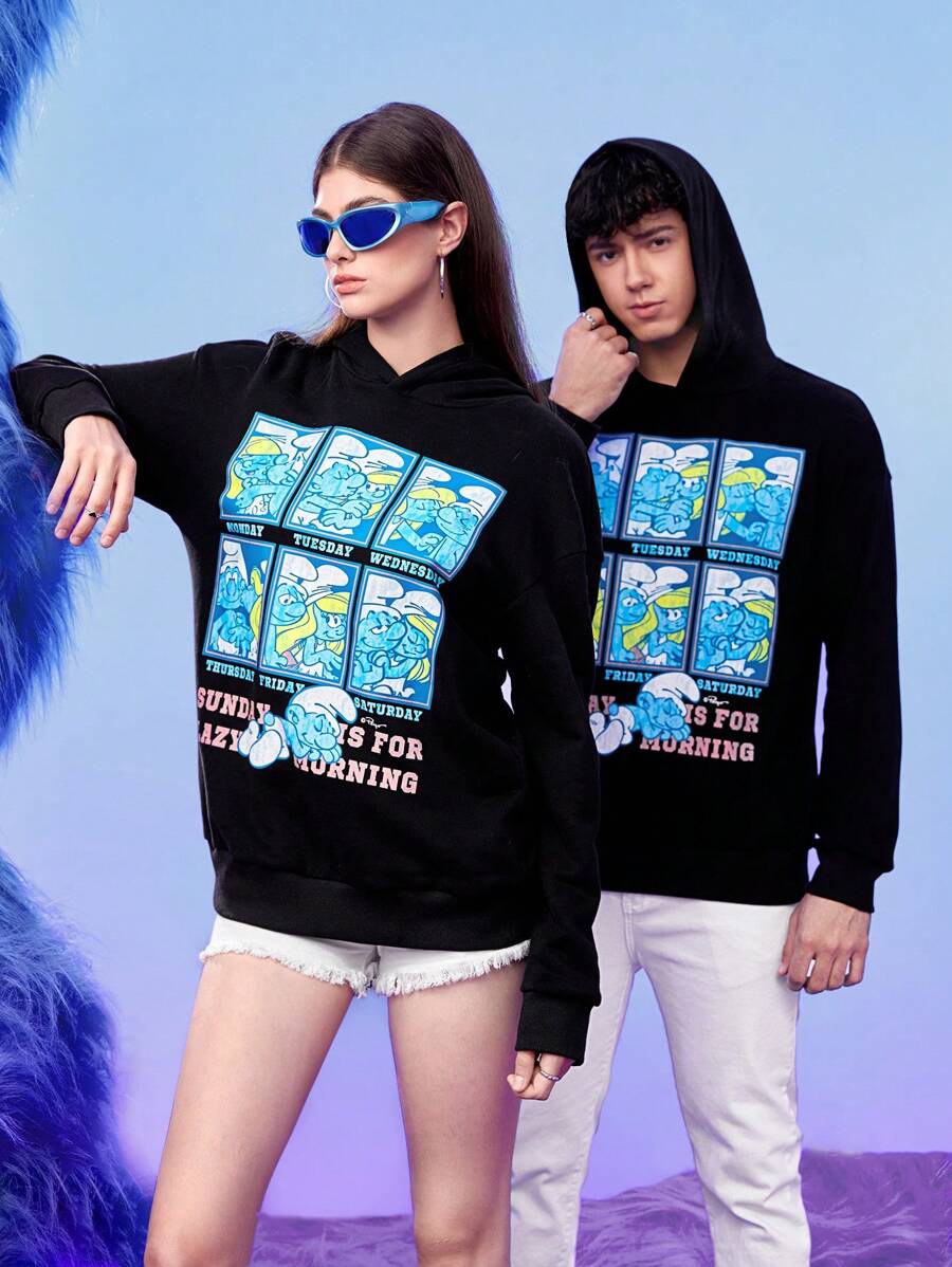 SHEIN X The Smurfs Unisex 1pc Slogan & Cartoon Graphic Drop Shoulder Hoodie - Black - View 1