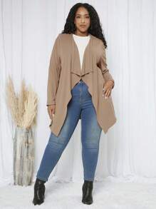 SHEIN CURVE+ 大码瀑布领开衫 - 卡其色 - 查看 4