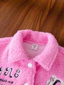 SHEIN Cô Gái Trẻ Thêu Khẩu hiệu Sọc trang trí Áo Teddy Jackets - Hồng - Xem 4