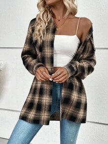 SHEIN Unity In kẻ sọc Thả vai Túi có nắp Áo sơ mi - Màu vàng - Xem 3