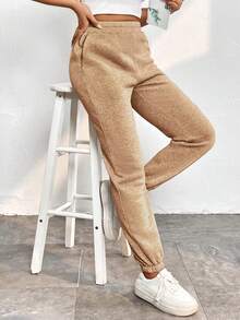 SHEIN PETITE Chất rắn Xiên Eo đàn hồi Túi Quần thể thao - Cà phê nâu - Xem 5