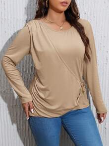 SHEIN LUNE 大碼素色褶邊圓環細節圍裹T恤 - 卡其色 - 查看 7