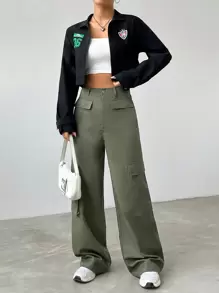 SHEIN EZwear Flap Pocket Side Cargo Pants - Army Green - View 4