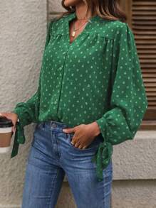 SHEIN LUNE Polka Dot Print Knot Cuff Lantern Sleeve Blouse Fall Cloth For Women - Dark Green - View 6