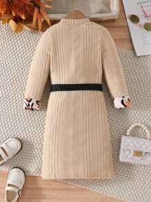 SHEIN 女小童豹紋圖案拼接紐扣細節繫腰帶洋裝 - 杏色 - 查看 2