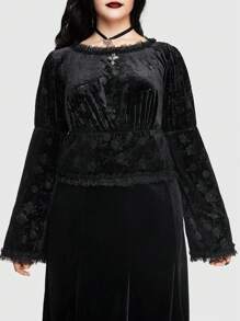 ROMWE PUNK Plus Lace Trim Velvet Tee - Black - View 2