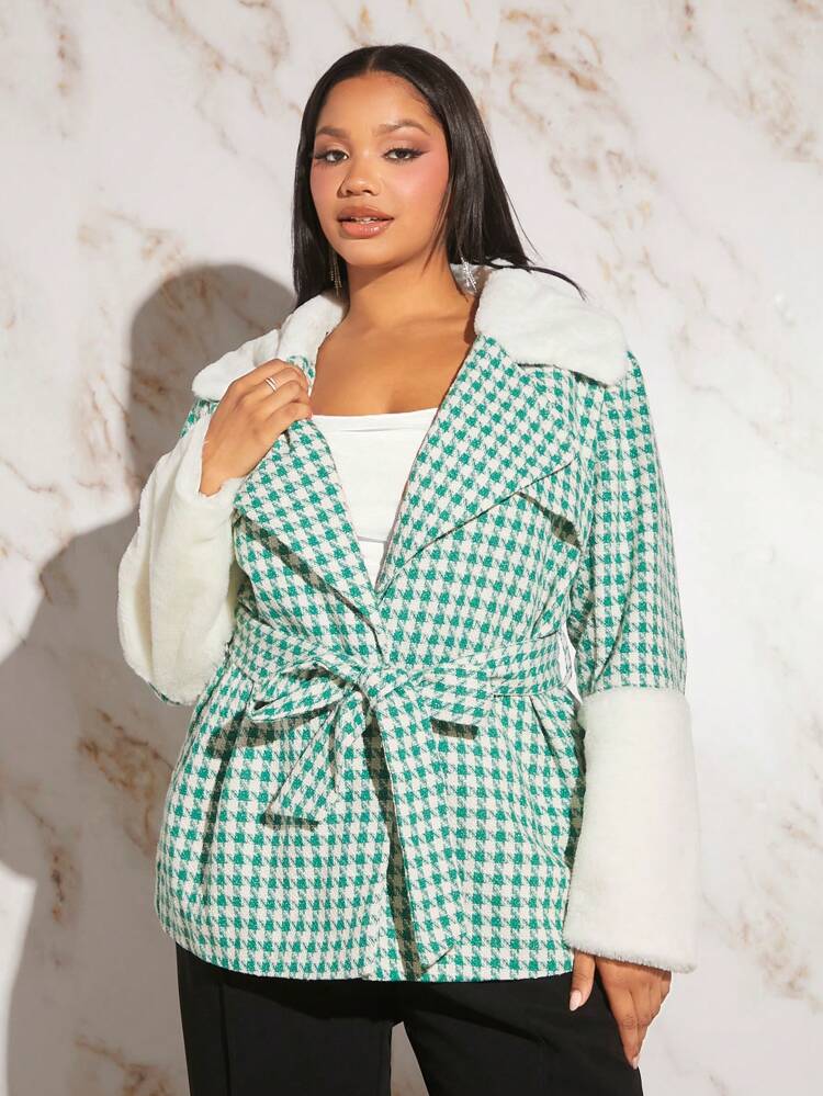 Plus Houndstooth Print Belted Overcoat