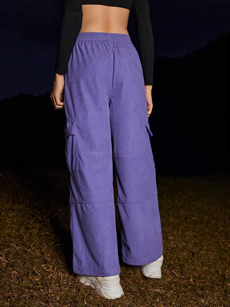 Letter Graphic Drawstring Waist Corduroy Cargo Pants