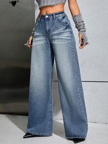 SHEIN ICON 高腰闊腿牛仔褲 - 黑色 - 查看 4