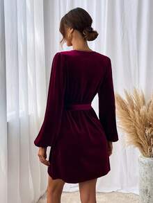 優雅腰帶 鈕扣純色女士連衣裙 - 酒紅色 - 查看 2