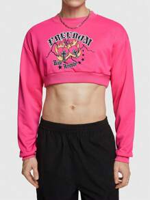 ROMWE MEN ROMWE Avant Guys Letter Graphic Drop Shoulder Crop Sweatshirt - Pink - View 6