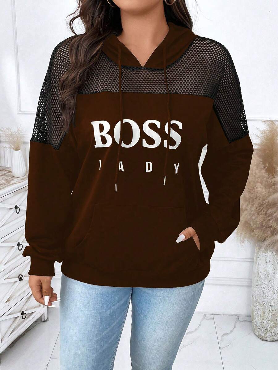 Calvaya 休閒網拼接 抽繩 口袋字母大碼運動衫 - 棕色 - 查看 1