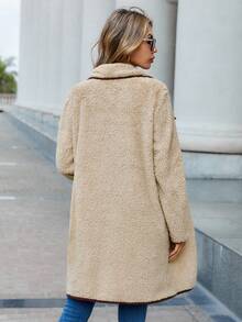 SHEIN Clasi Abrigo teddy de cuello cascada unido en contraste - Albaricoque - Ver 5