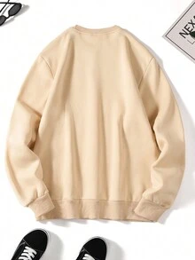 男士字母圖案加絨內裏運動衫 - 卡其色 - 查看 2