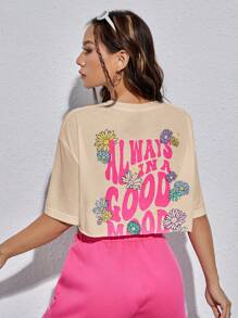 SHEIN EZwear Slogan & Floral Print Drop Shoulder Crop Tee - Apricot - View 1