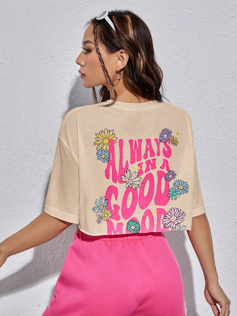 SHEIN EZwear Slogan & Floral Print Drop Shoulder Crop Tee - Apricot - View 1