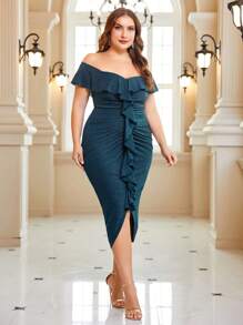 SHEIN Belle Talla grande Vestido brillante de hombros descubiertos ribete con fruncido fruncido - Verde Oscuro - Ver 4