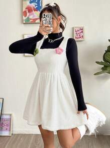 SHEIN MOD Appliques Detail Overall Dress Without Tee - White - View 3