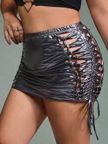SHEIN ICON Plus Lace Up Side Drawstring Side Bodycon Skirt - Silver - View 1