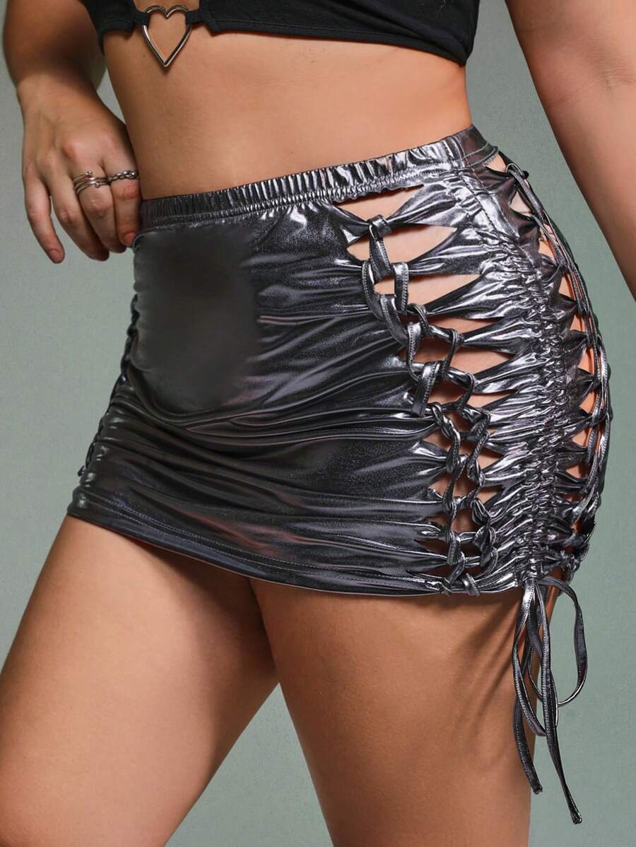 SHEIN ICON Plus Lace Up Side Drawstring Side Bodycon Skirt - Silver - View 1